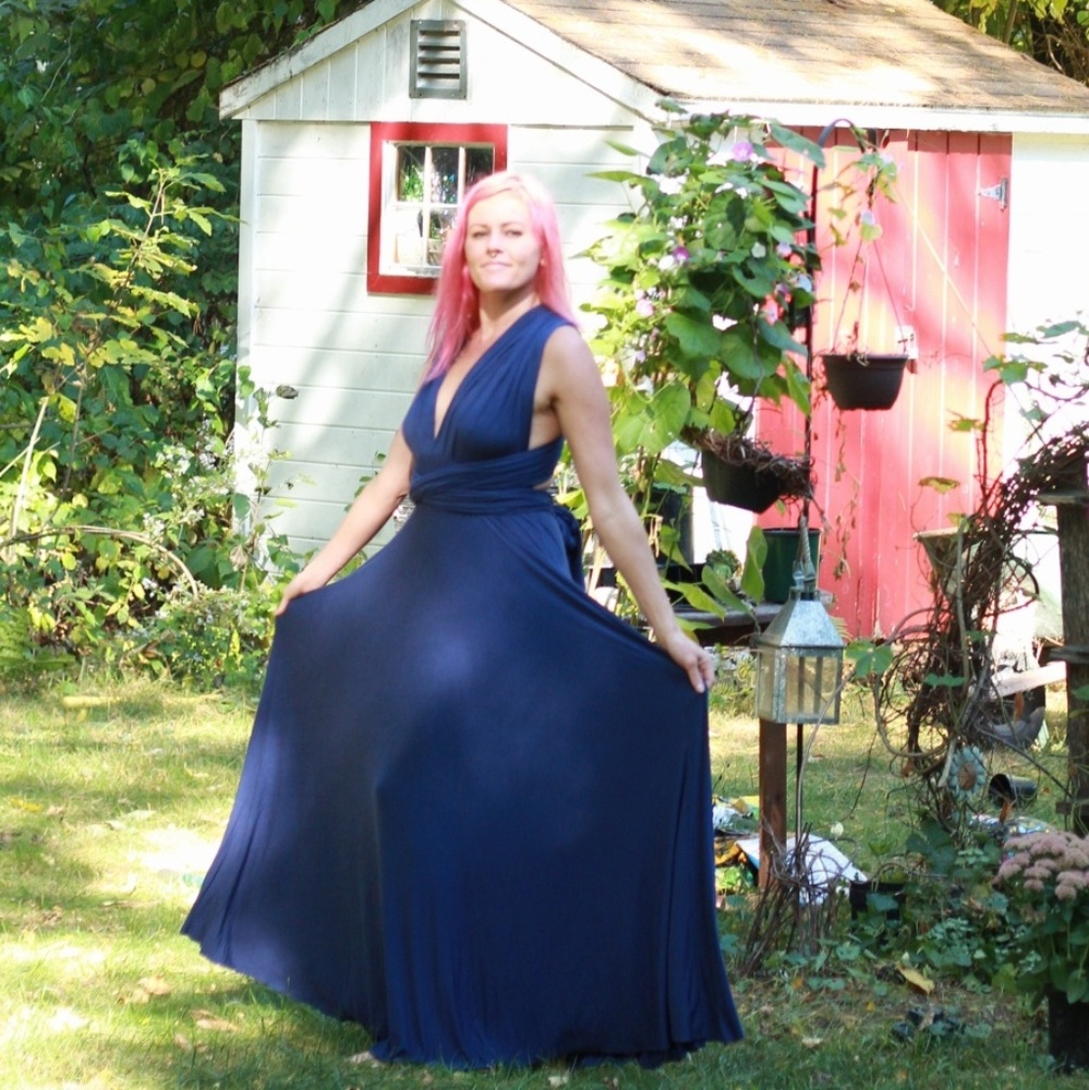 Backless Wrap Dress Womens Size XL Navy Blue Maxi Circle